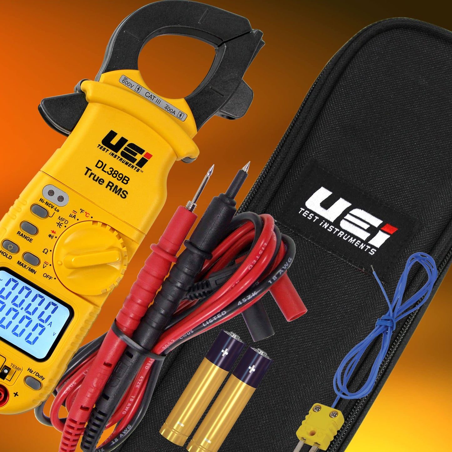 UEi DL389B Digital True RMS Clamp Meter, HVAC 4000 Counts Auto Ranging Voltmeter, Measures AC & DC Volts AC Amps AC/DC Microamps Temperature Frequency Resistance Capacitance Duty Cycle NCV Diode Test