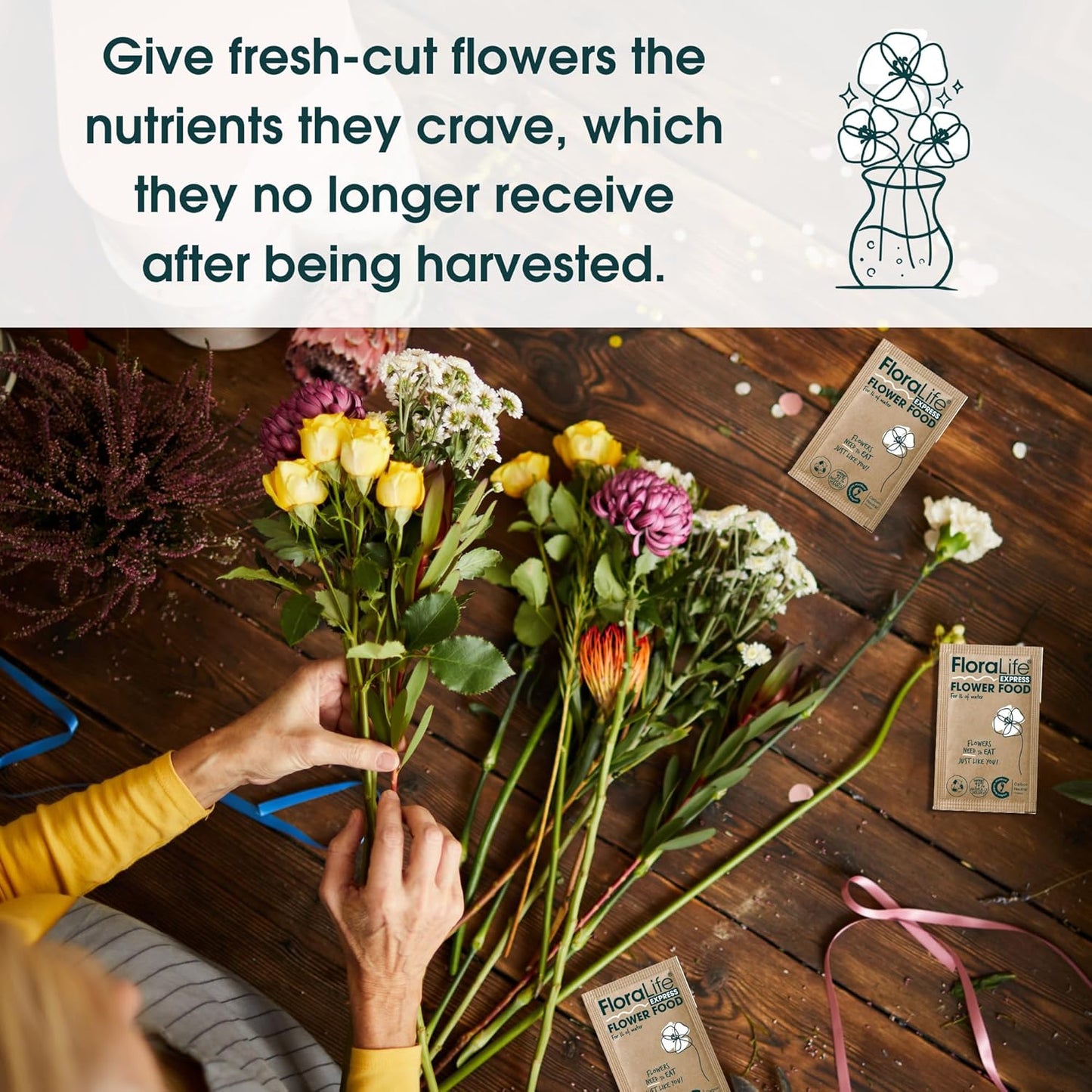 FloraLife Fresh-Cut Flower Food - Sachet Multi-Nutrient & Hydration Solution - 25 Packets 10gr Recyclable Paper Packets