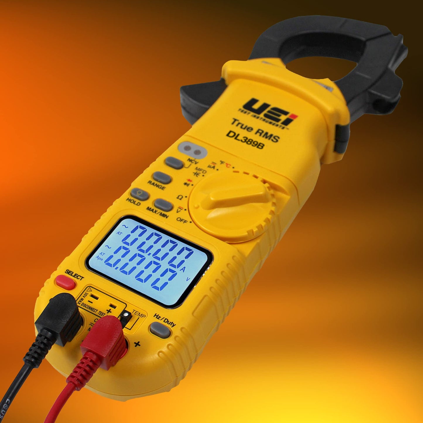 UEi DL389B Digital True RMS Clamp Meter, HVAC 4000 Counts Auto Ranging Voltmeter, Measures AC & DC Volts AC Amps AC/DC Microamps Temperature Frequency Resistance Capacitance Duty Cycle NCV Diode Test