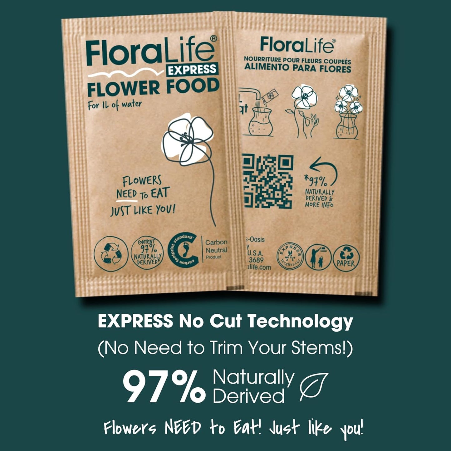 FloraLife Fresh-Cut Flower Food - Sachet Multi-Nutrient & Hydration Solution - 25 Packets 10gr Recyclable Paper Packets
